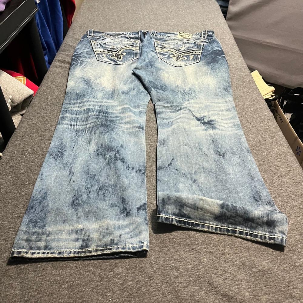 Rock Revival Earl Straight Leg Jeans Mens 42x33 Acid Wash Distressed Embroidered